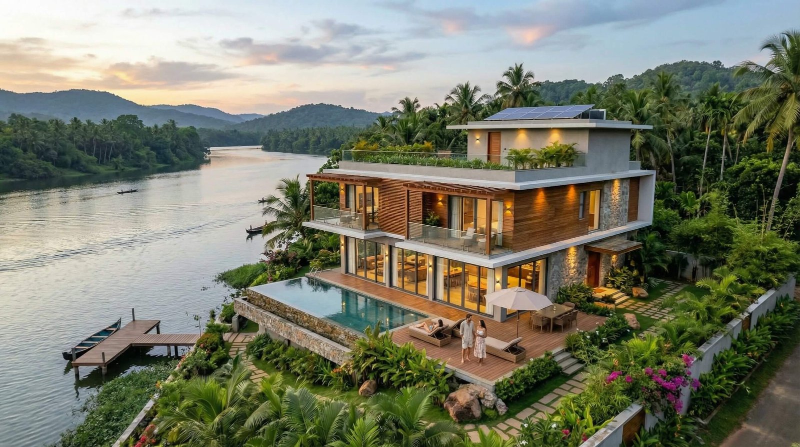 Luxury modern riverside villa with infinity pool, tropical landscape, and warm sunset lighting surrounded by lush greenery