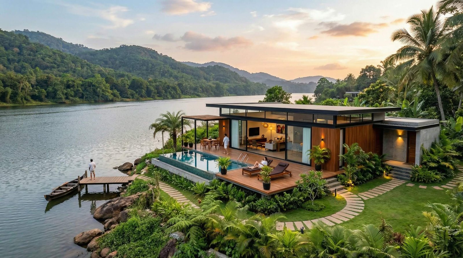 Modern luxury riverside villa with flat roof, infinity pool, wooden deck, and tropical landscaping at sunset – 3D visualization by Yantram Studio.