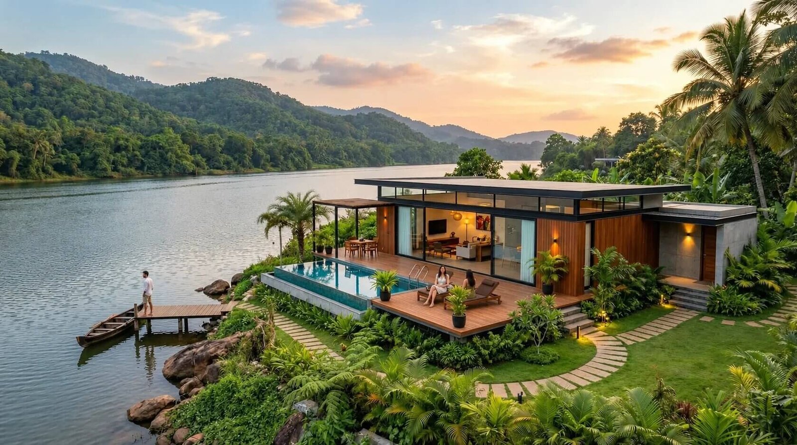 Luxury modern villa with waterfront pool architectural visualization