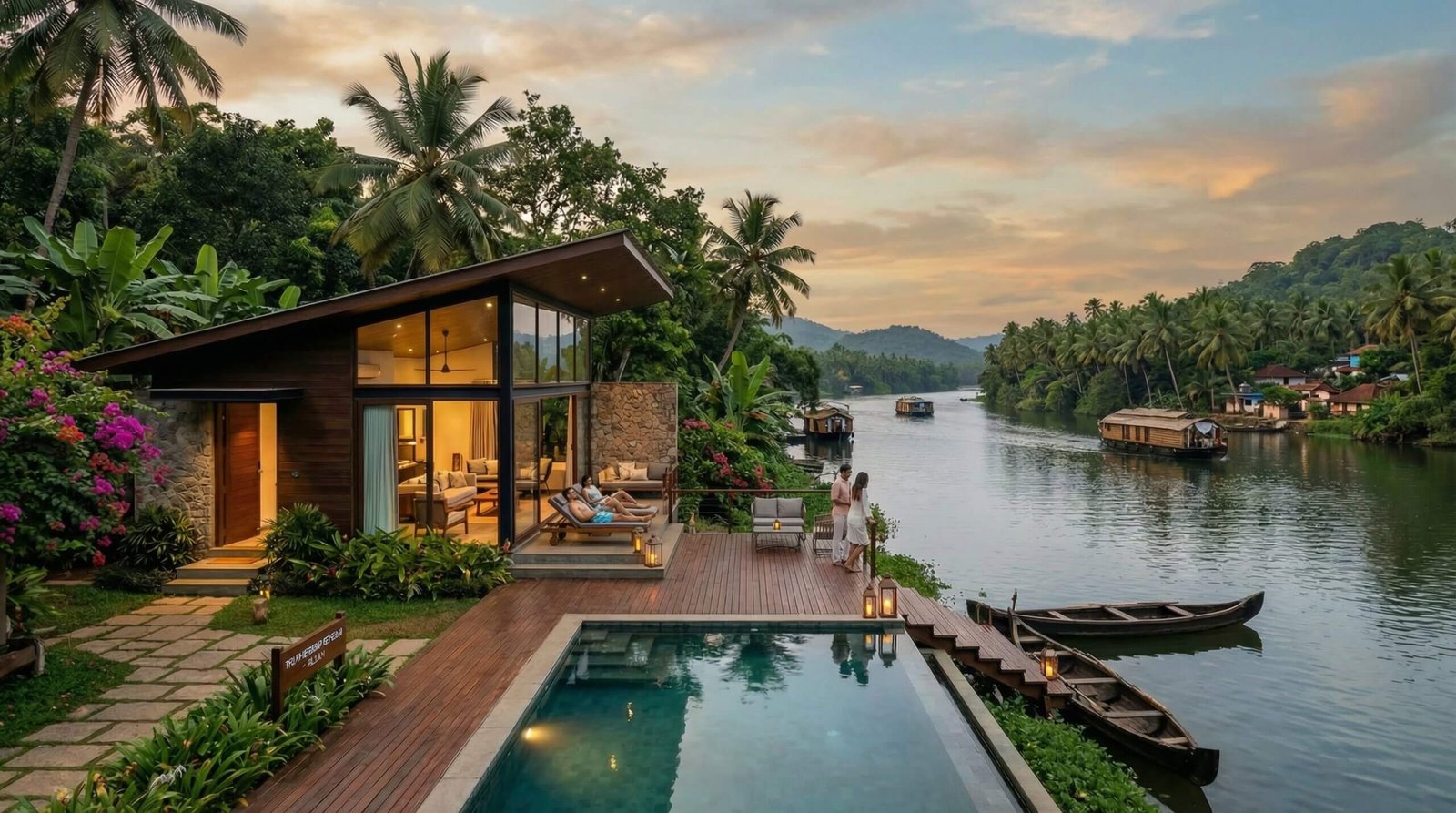 Luxury tropical riverside villa with infinity pool, glass facade, wooden deck, and lush palm landscape at sunset – 3D architectural visualization by Yantram Studio