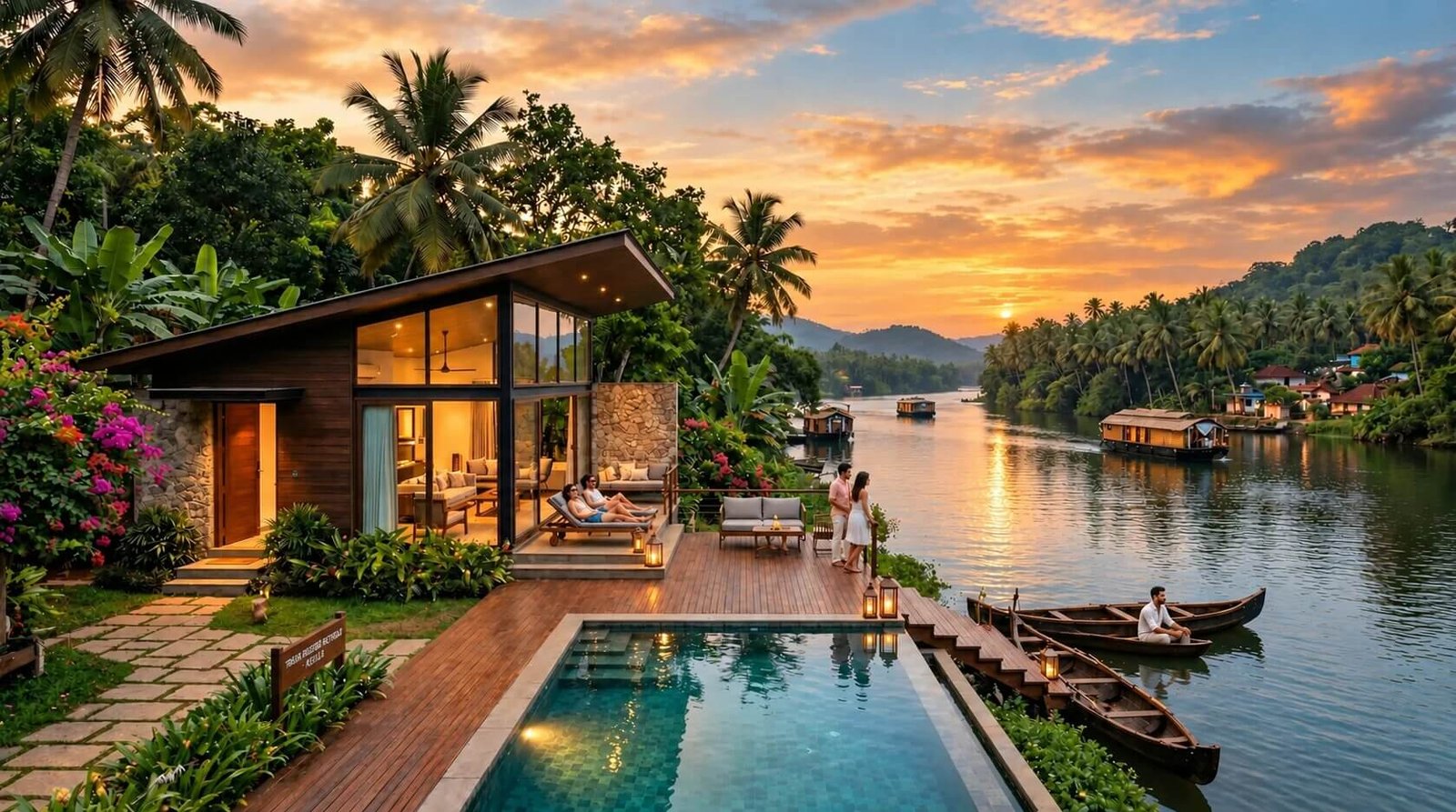 Luxury riverfront villa with pool and modern holiday home