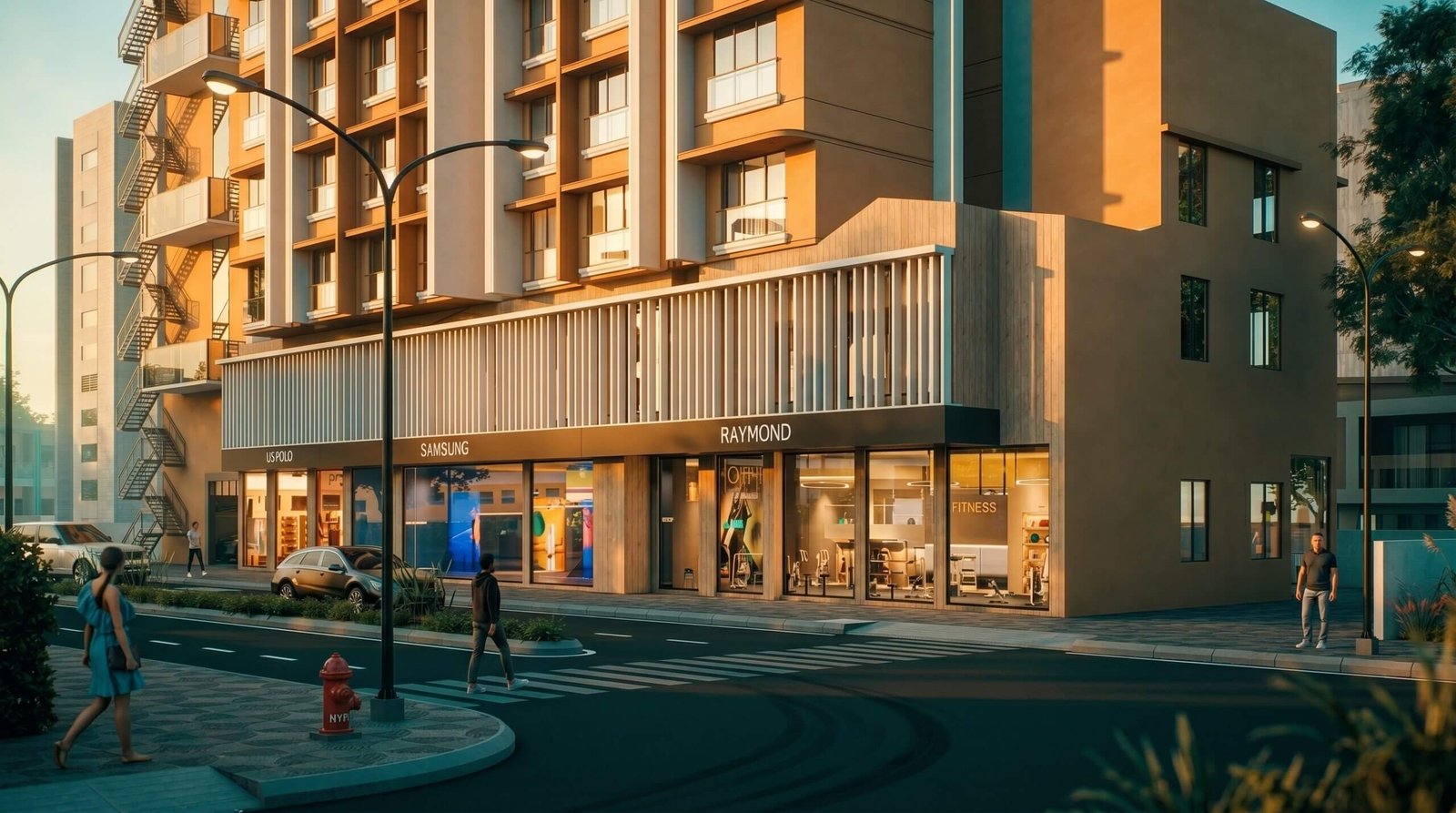 Modern mixed-use building with retail shops at ground level, residential apartments above, and street view in photorealistic 3D rendering.