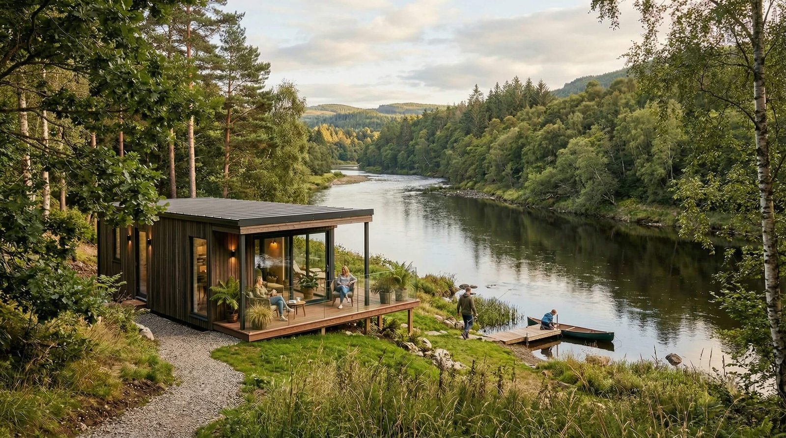 Modern minimalist riverside cabin with glass walls, wooden deck, and forest landscape overlooking a calm river – 3D rendering by Yantram Studio