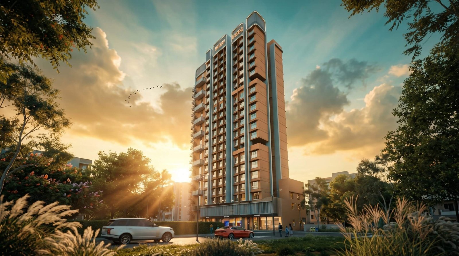 Modern high-rise residential building exterior at sunset with warm golden lighting, landscaped surroundings, and cars in a photorealistic 3D rendering.