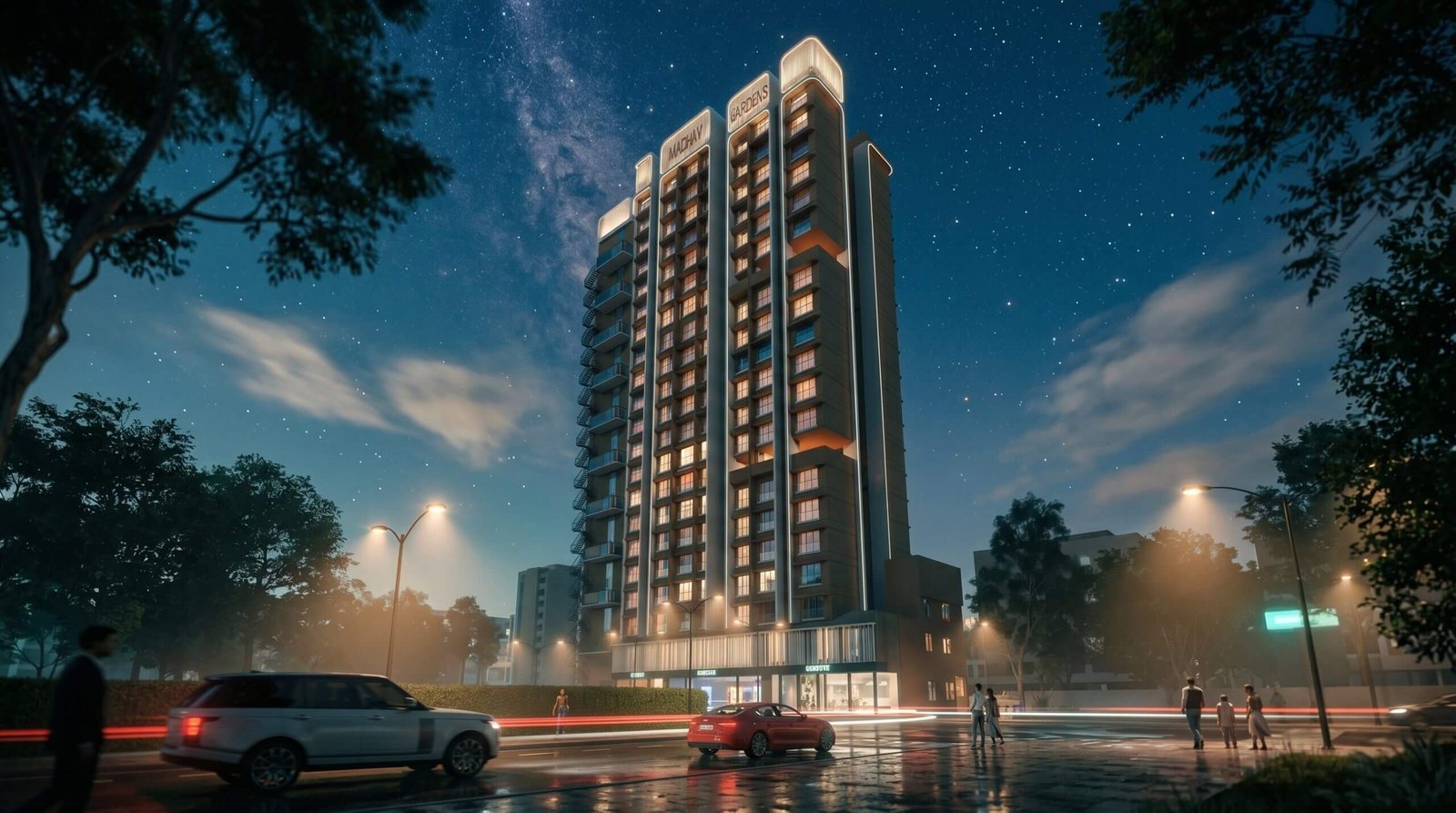 Modern high-rise residential building at night with illuminated windows, street lights, and light trails in a photorealistic 3D rendering.