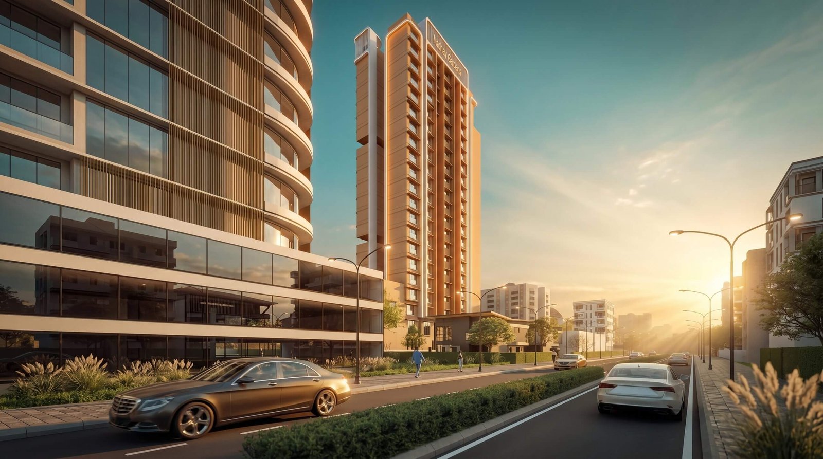 Modern residential tower with urban street view, cars, and surrounding buildings during golden hour in photorealistic 3D rendering. – 3D visualization by Yantram Studio