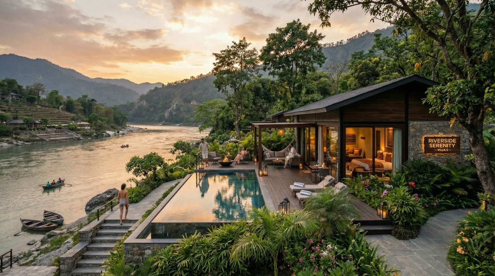 Luxury riverside villa with infinity pool, tropical landscaping, and mountain views at sunset with warm ambient lighting – 3D visualization by Yantram Studio
