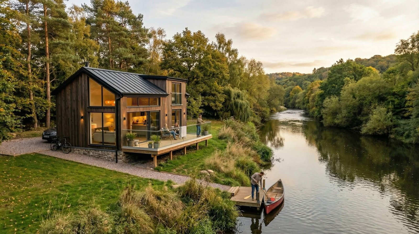 Modern wooden riverside cabin with glass facade, deck seating, and canoe by the river surrounded by lush forest at sunset – 3D architectural visualization by Yantram Studio
