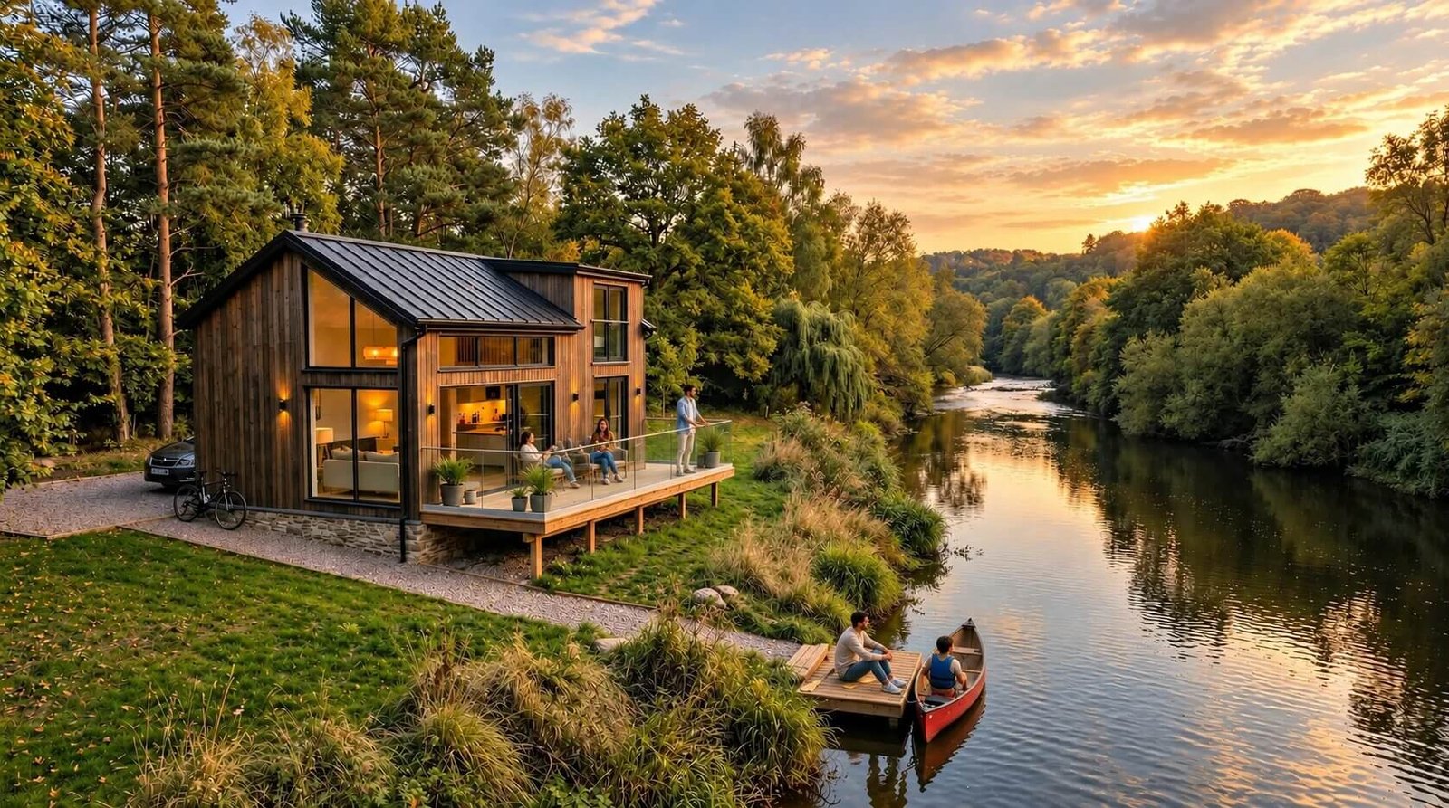 Modern wooden riverfront cabin house architectural visualization — Netherlands 3D Rendering Studio