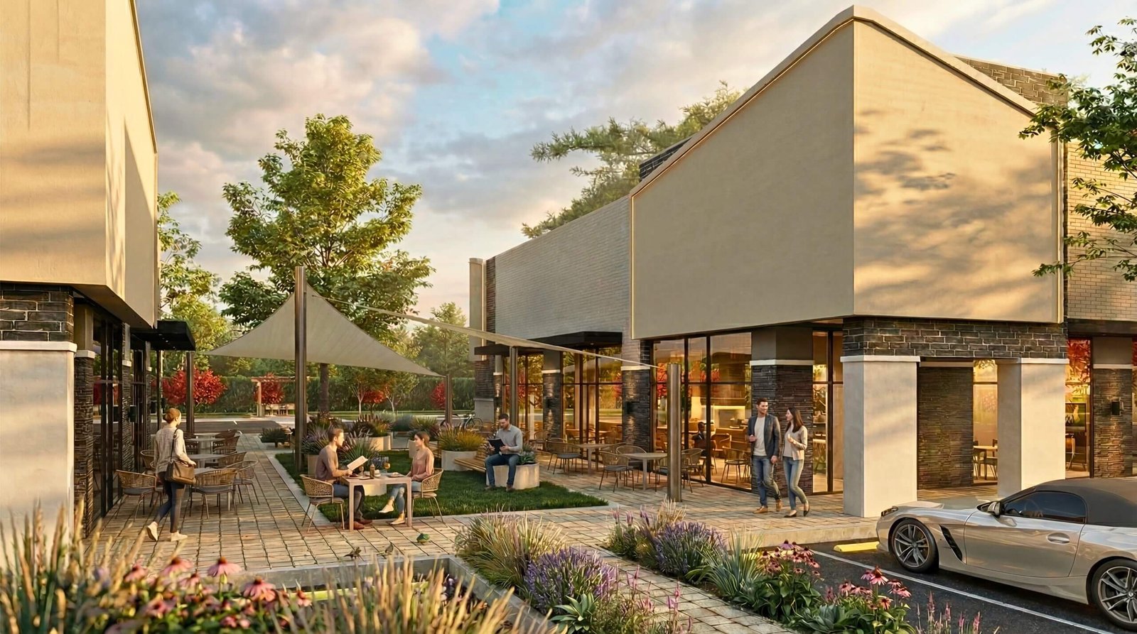 Modern retail plaza 3D rendering with outdoor seating area, café terrace, landscaped walkway, and contemporary storefront architecture