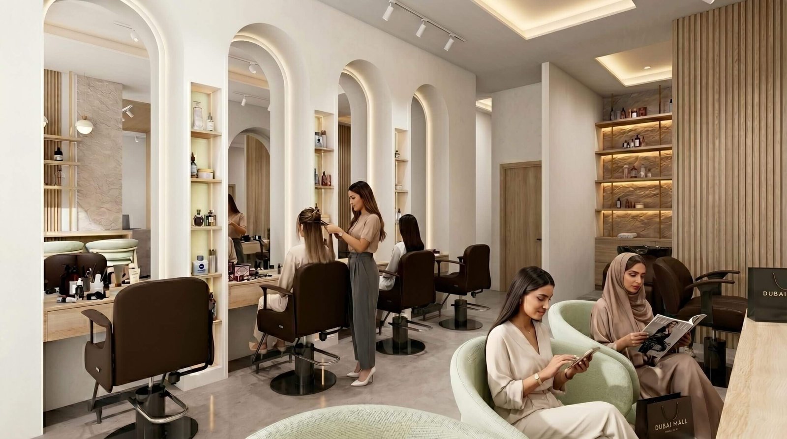 Yantram Studio luxury beauty salon interior visualization featuring elegant arched mirrors, warm ambient lighting, premium salon chairs, wooden textures, and a sophisticated modern salon atmosphere with clients enjoying hairstyling services. – 3D architectural visualization by Yantram Studio