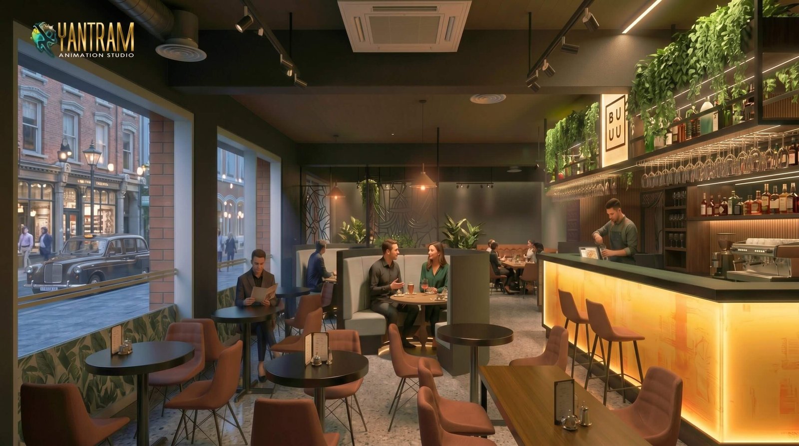 Modern café and cocktail bar interior with glowing counter lighting, stylish seating, and cozy urban ambiance.
