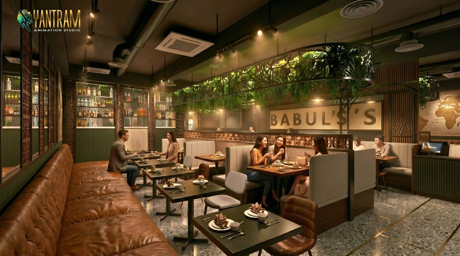 Elegant restaurant dining interior with leather seating, decorative lighting, hanging greenery, and modern contemporary décor.