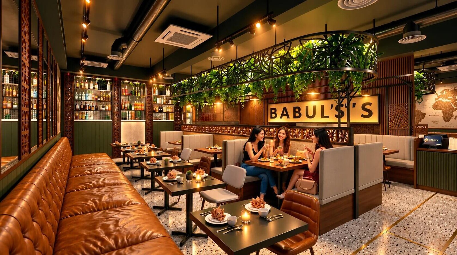 Interior dining area of Babul's Restaurant with leather seating.