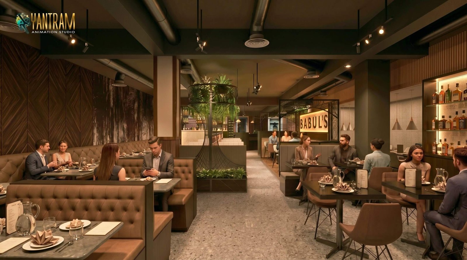 Modern restaurant lounge area with cushioned booths, elegant lighting, indoor plants, and customers enjoying meals.