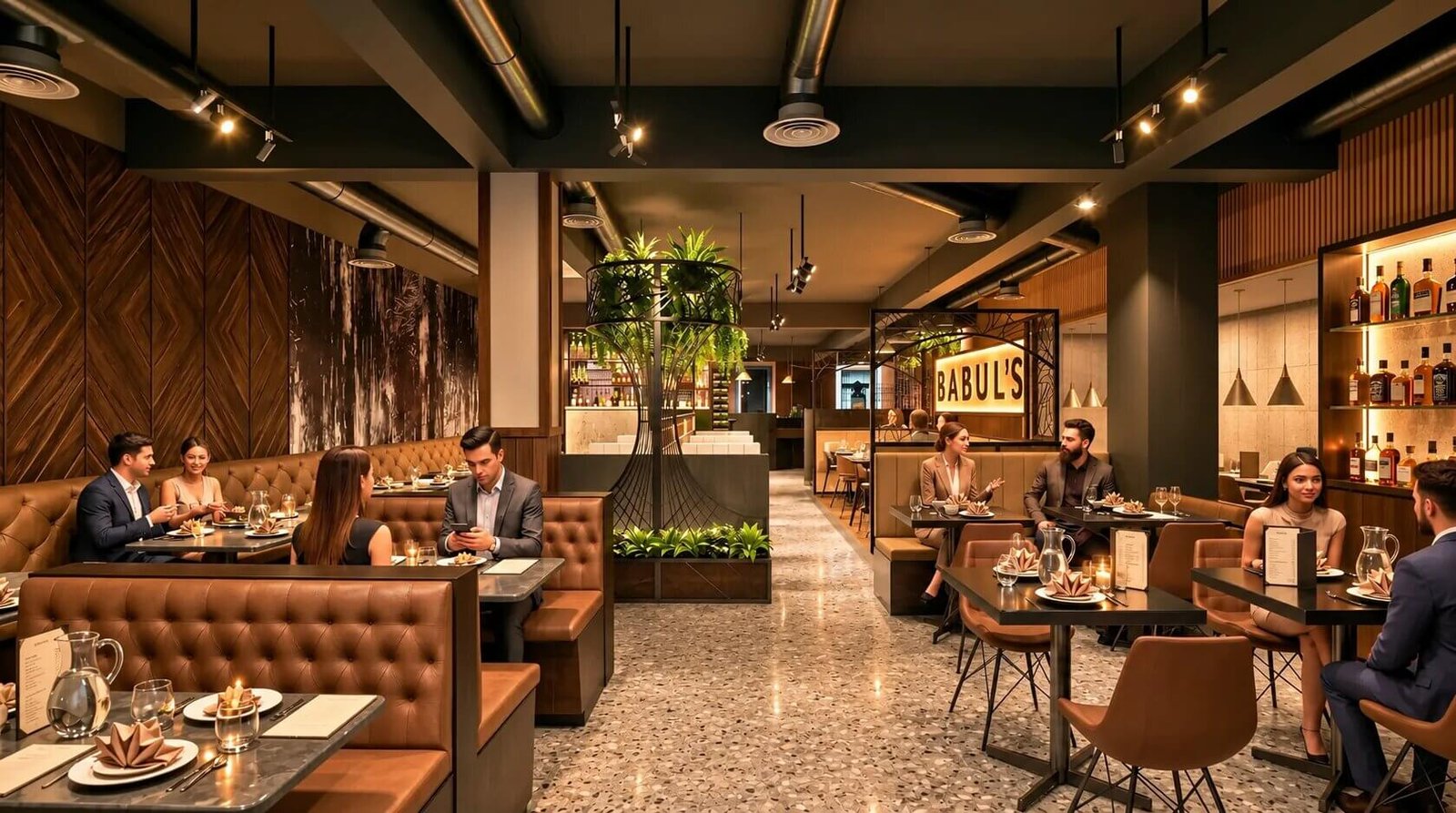 Premium seating lounge in Babul's Restaurant with modern design. — 3D Exterior Visualization Darlington