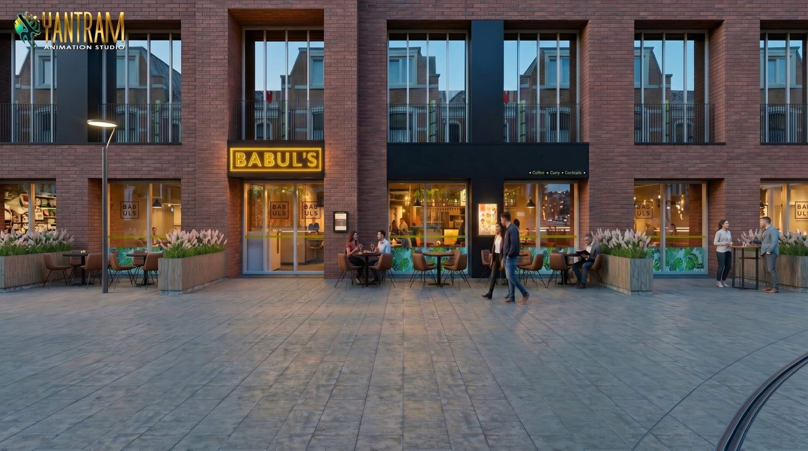 Modern brick-front restaurant exterior with illuminated Babul’s signage, outdoor seating, and warm evening lighting in an urban setting.