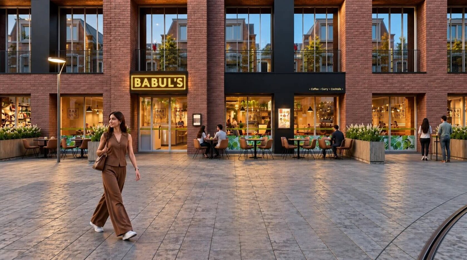 Evening view of Babul's Restaurant showcasing the facade and outdoor seating.
