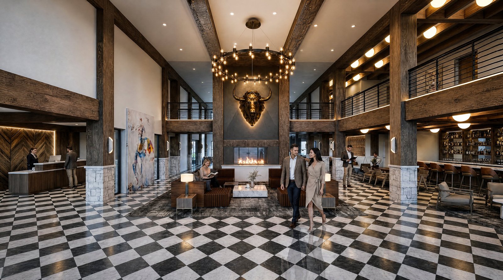 Grand atrium lobby with dramatic lighting and architectural details — Lounge Interior 3D Modeling