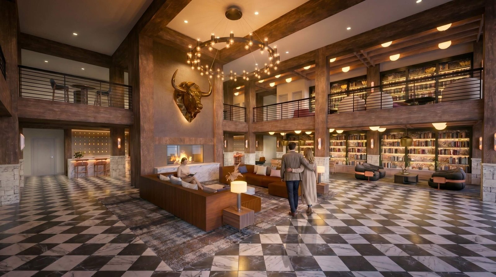 Modern double-height luxury lobby with dark wood beams, chandelier lighting, marble flooring, fireplace seating, and a large metallic bull wall sculpture.