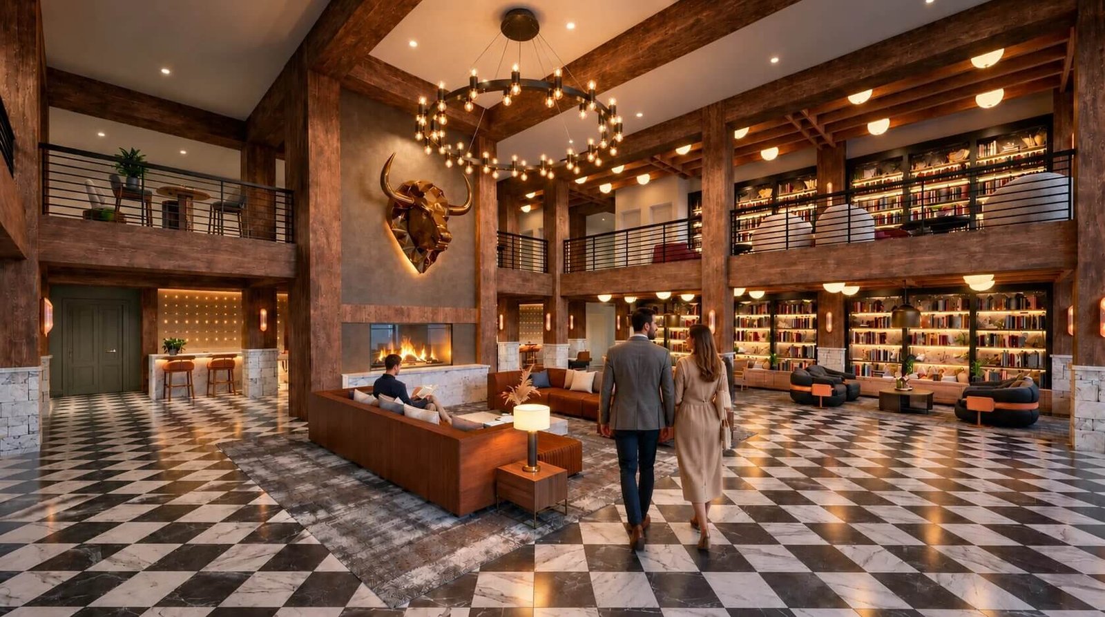 Luxury lounge interior with double-height ceiling, chandelier, marble flooring and premium seating in Texas