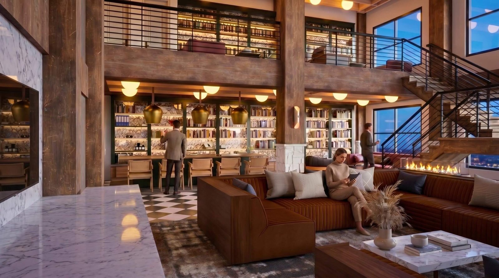 Luxury lounge interior with library shelving, warm wood architecture, marble accents, soft lighting, and contemporary seating arrangements.