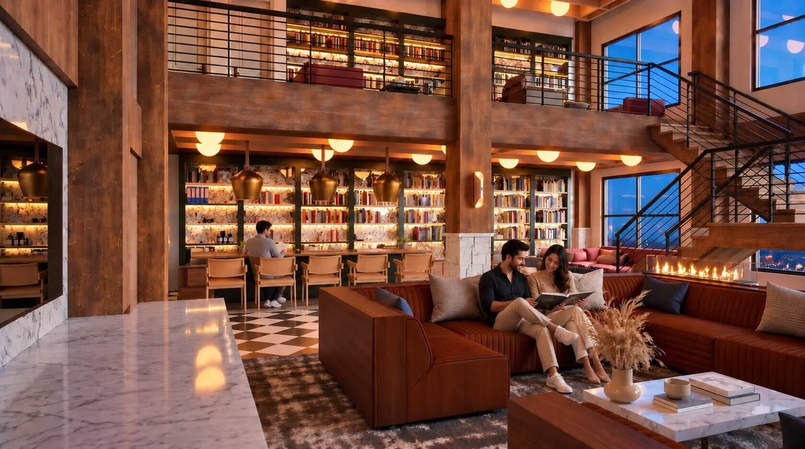 Cozy reading lounge with ambient lighting and modern furniture
