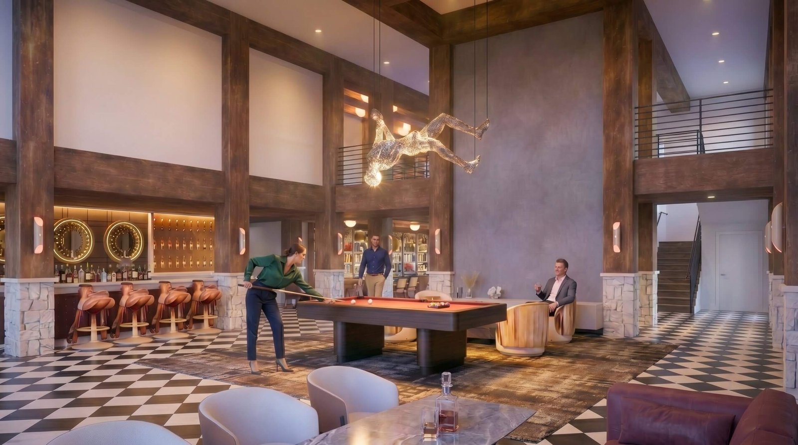 High-end entertainment lounge with billiards table, sculptural lighting installation, bar seating, marble floors, and luxury lounge furniture.