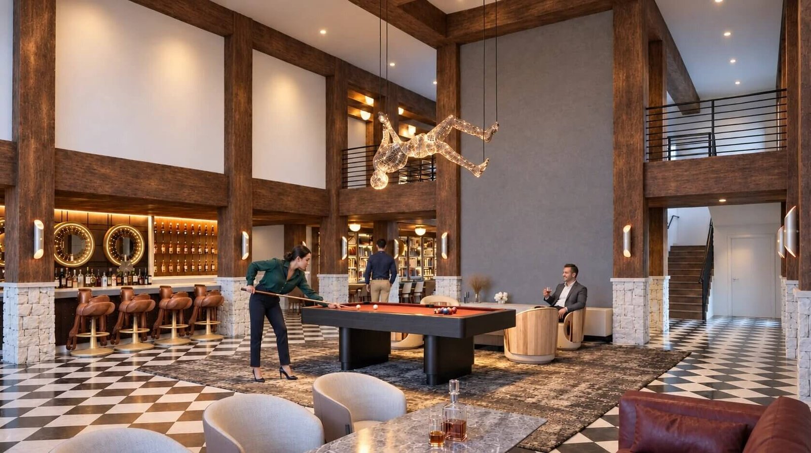 Social club lounge with a pool table and stylish seating