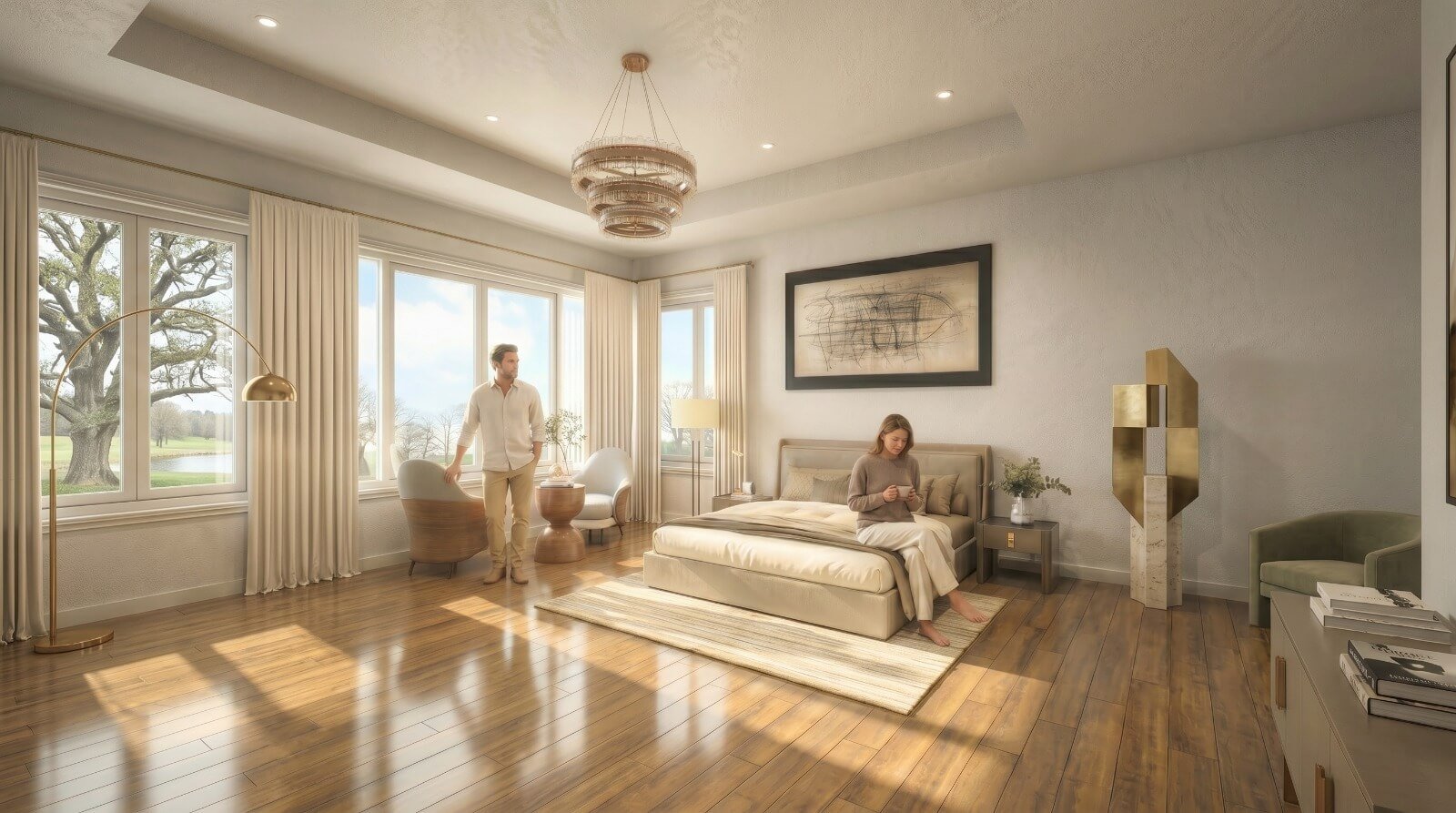 Spacious luxury bedroom with chandelier, large windows, wooden flooring, and elegant neutral decor..