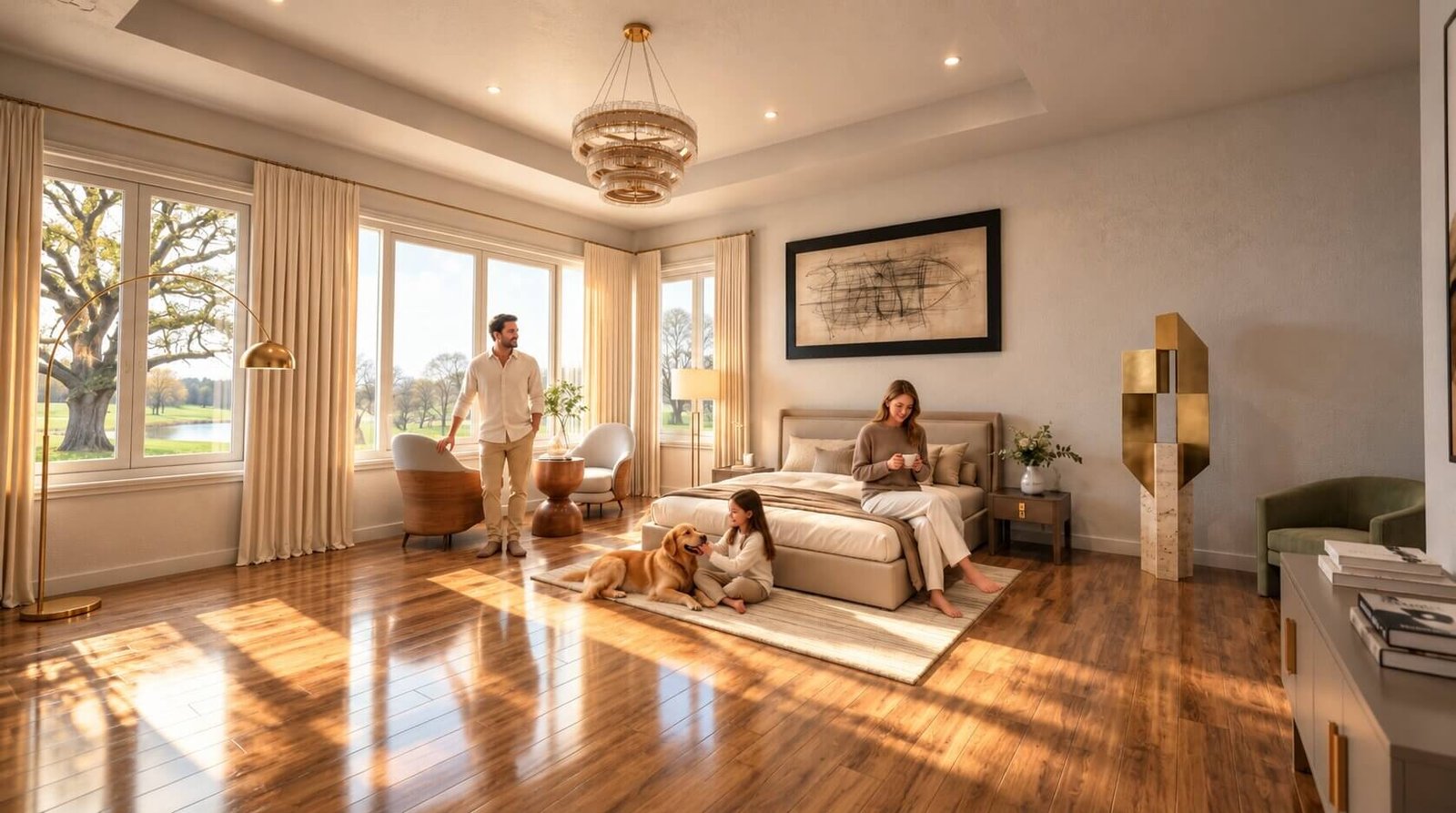 A luxurious bedroom featuring stylish decor and ample light.