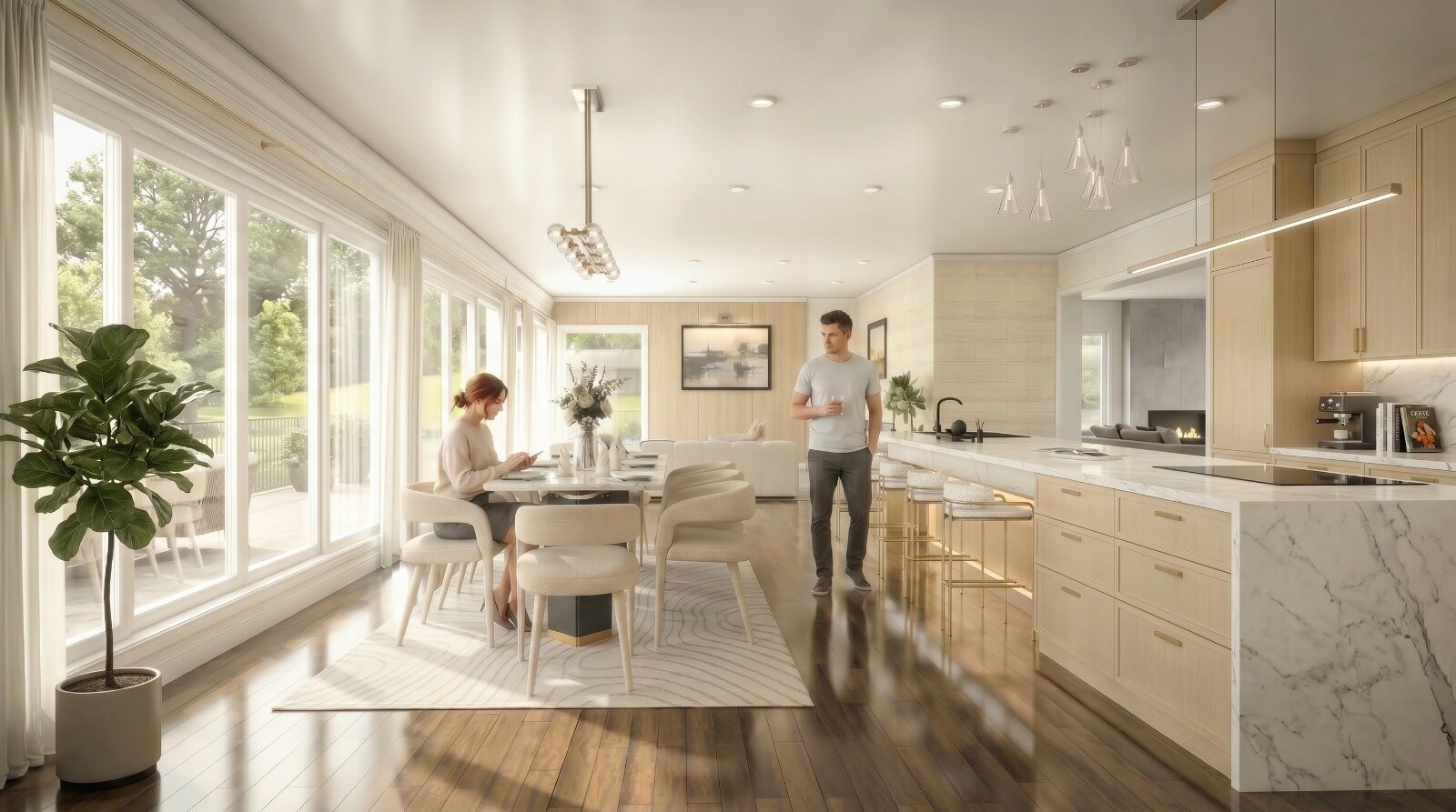 Explore premium Living room 3D visualization, Bedroom 3D rendering, Kitchen 3D interior design, and Interior photorealistic CGI services for luxury residential projects in Los Angeles California by Yantram Studio..