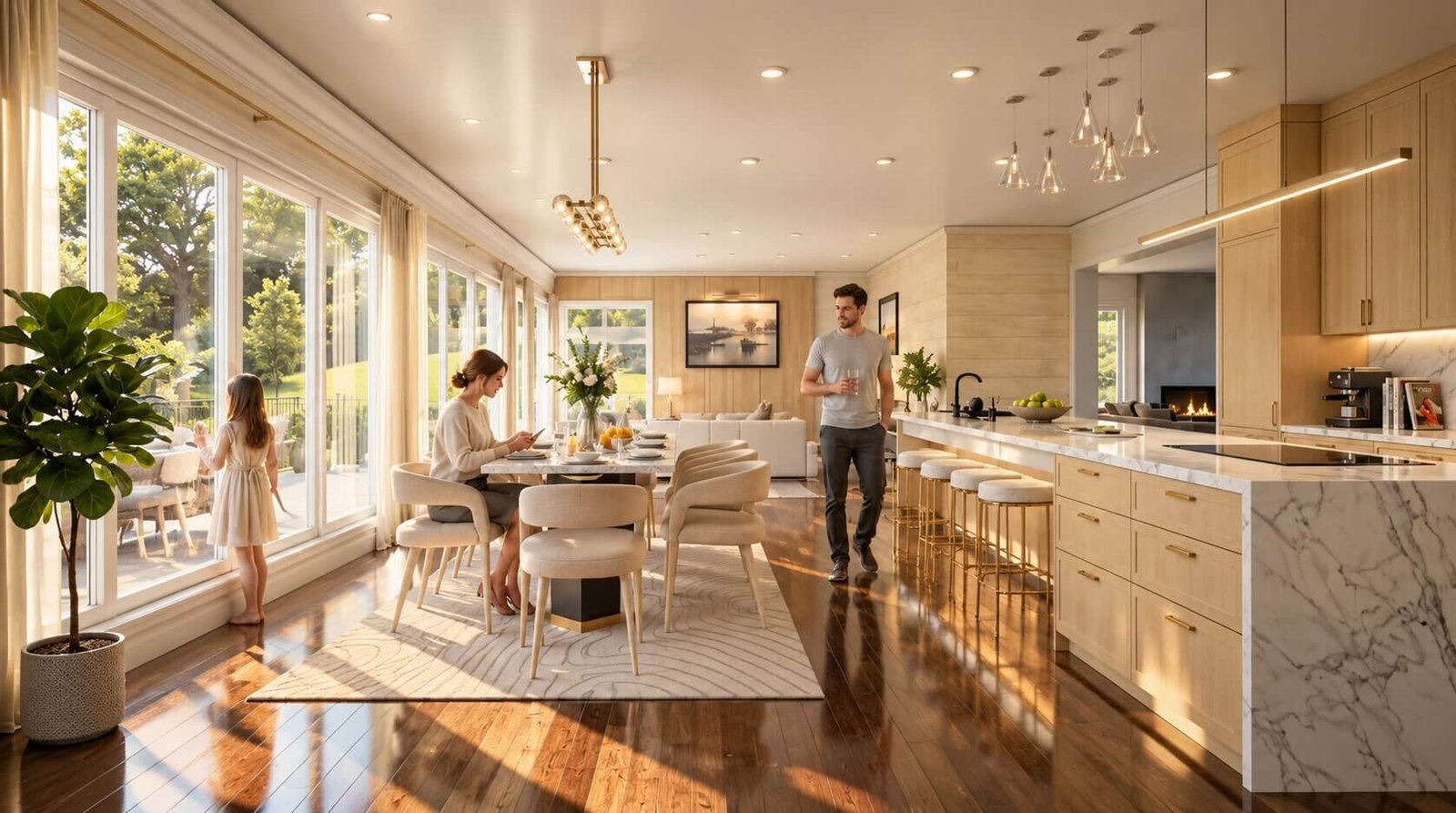 A modern kitchen and dining area with elegant finishes.