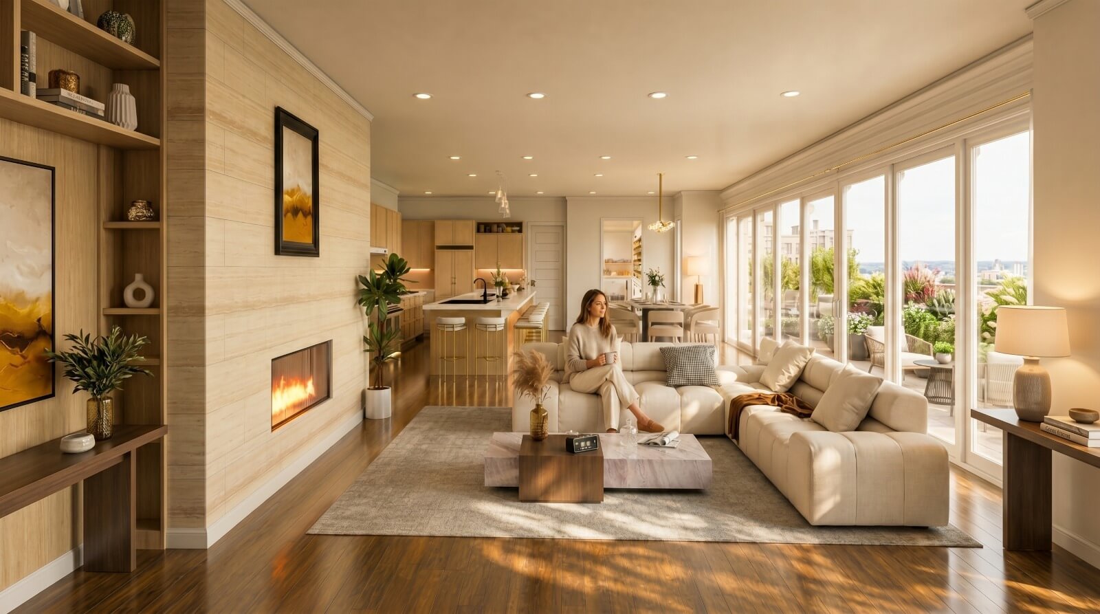 Elegant luxury living room with modern sofa, fireplace, wooden flooring, and large glass windows.