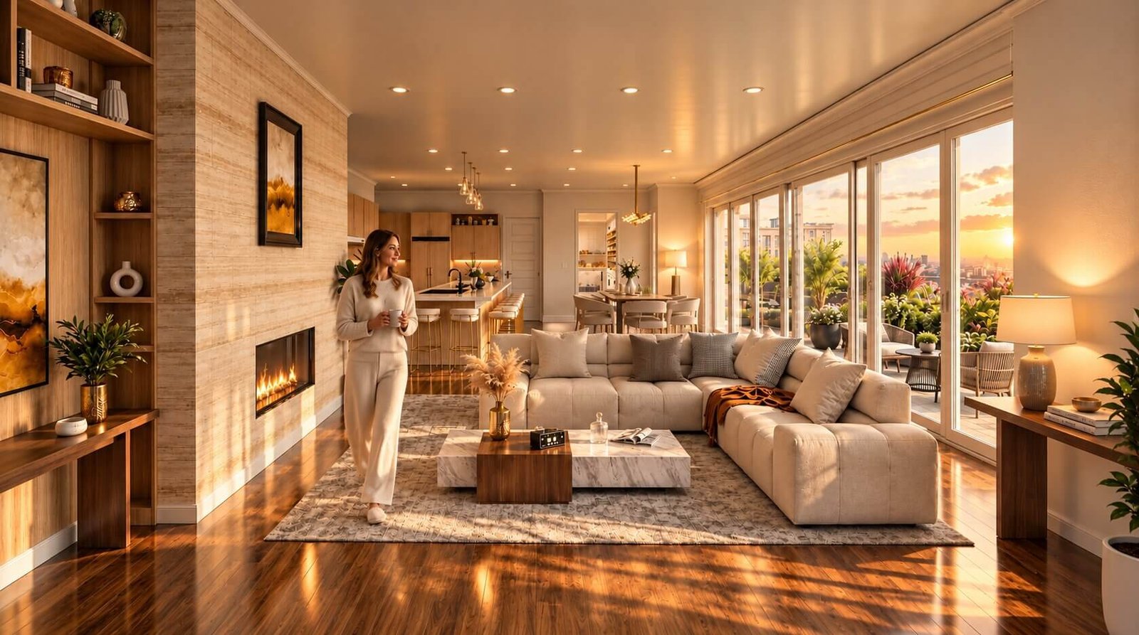 A luxurious living room with a fireplace and large windows — Luxury Home Rendering