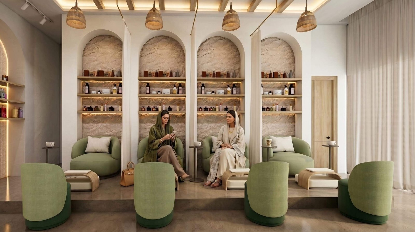 Yantram Studio luxury spa and salon interior visualization featuring elegant arched niches, warm ambient lighting, textured stone walls, premium green lounge seating, and a relaxing wellness-inspired atmosphere with modern Middle Eastern aesthetics.