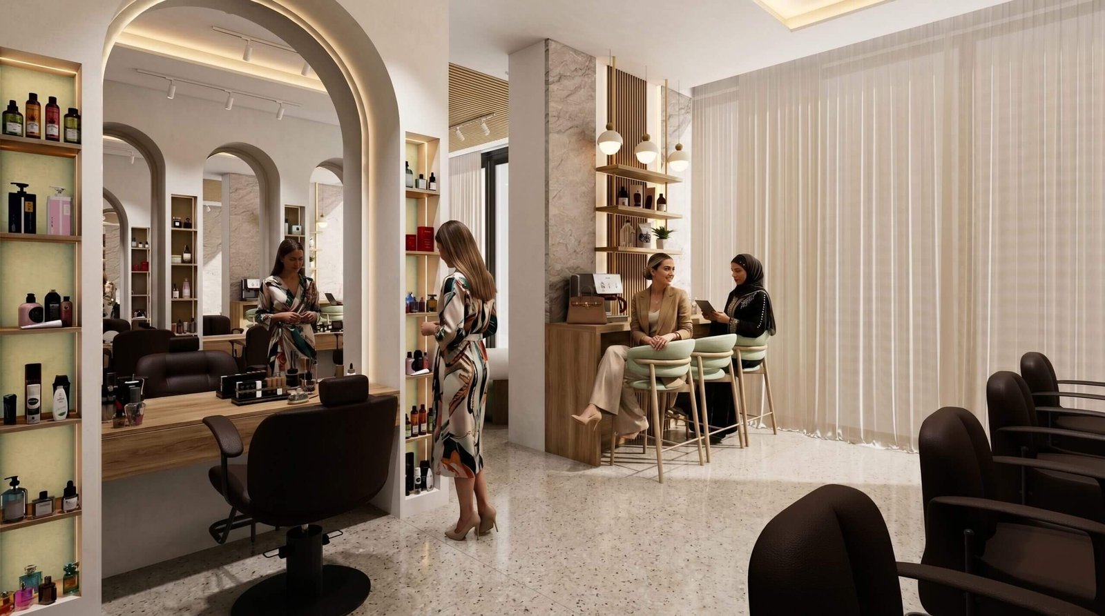 Yantram Studio luxury salon interior rendering featuring elegant arched mirrors, premium styling stations, warm ambient lighting, marble textures, and sophisticated lounge seating in a modern beauty salon environment.