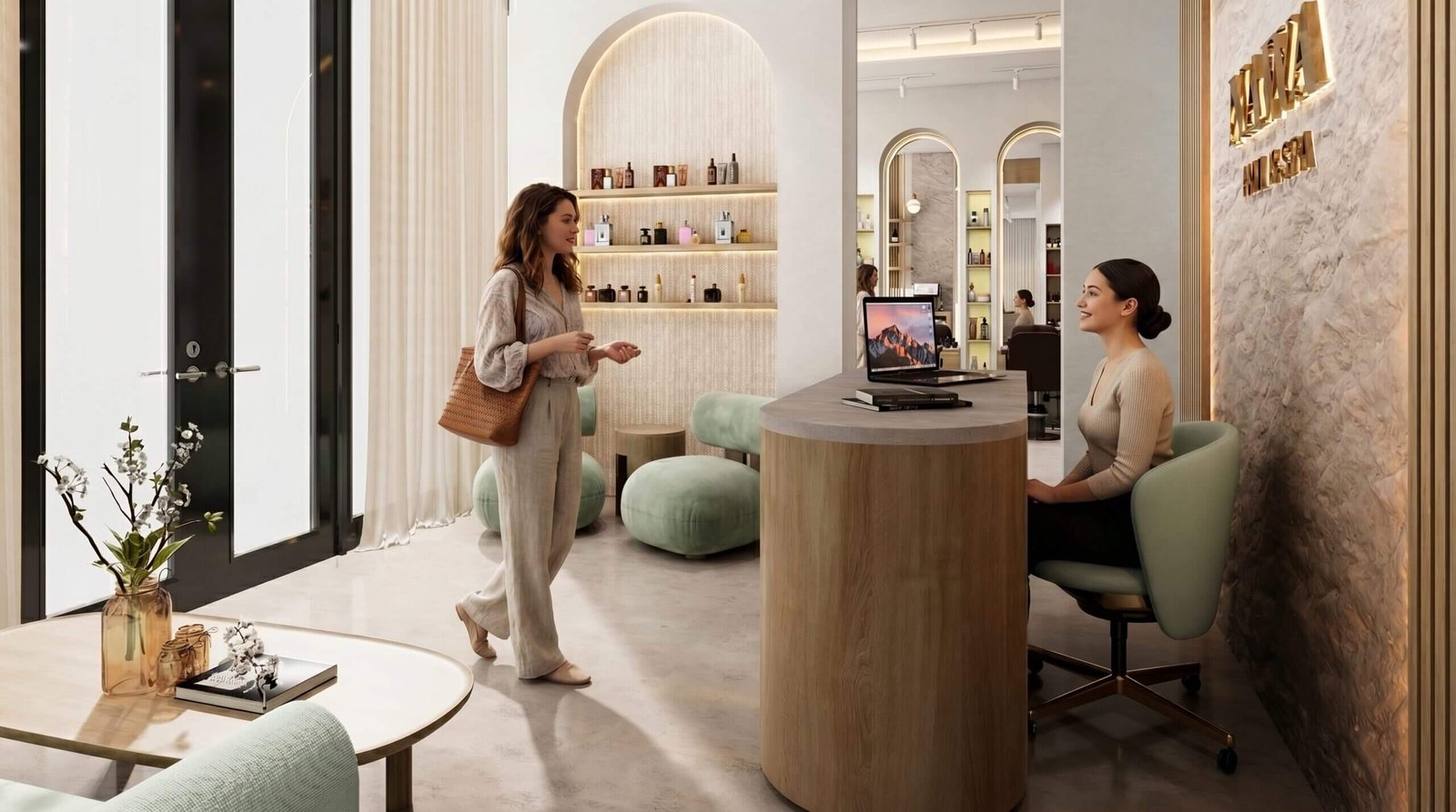 Yantram Studio luxury spa reception interior rendering featuring a modern curved reception desk, elegant ambient lighting, textured wall finishes, soft lounge seating, and a sophisticated wellness-inspired atmosphere.