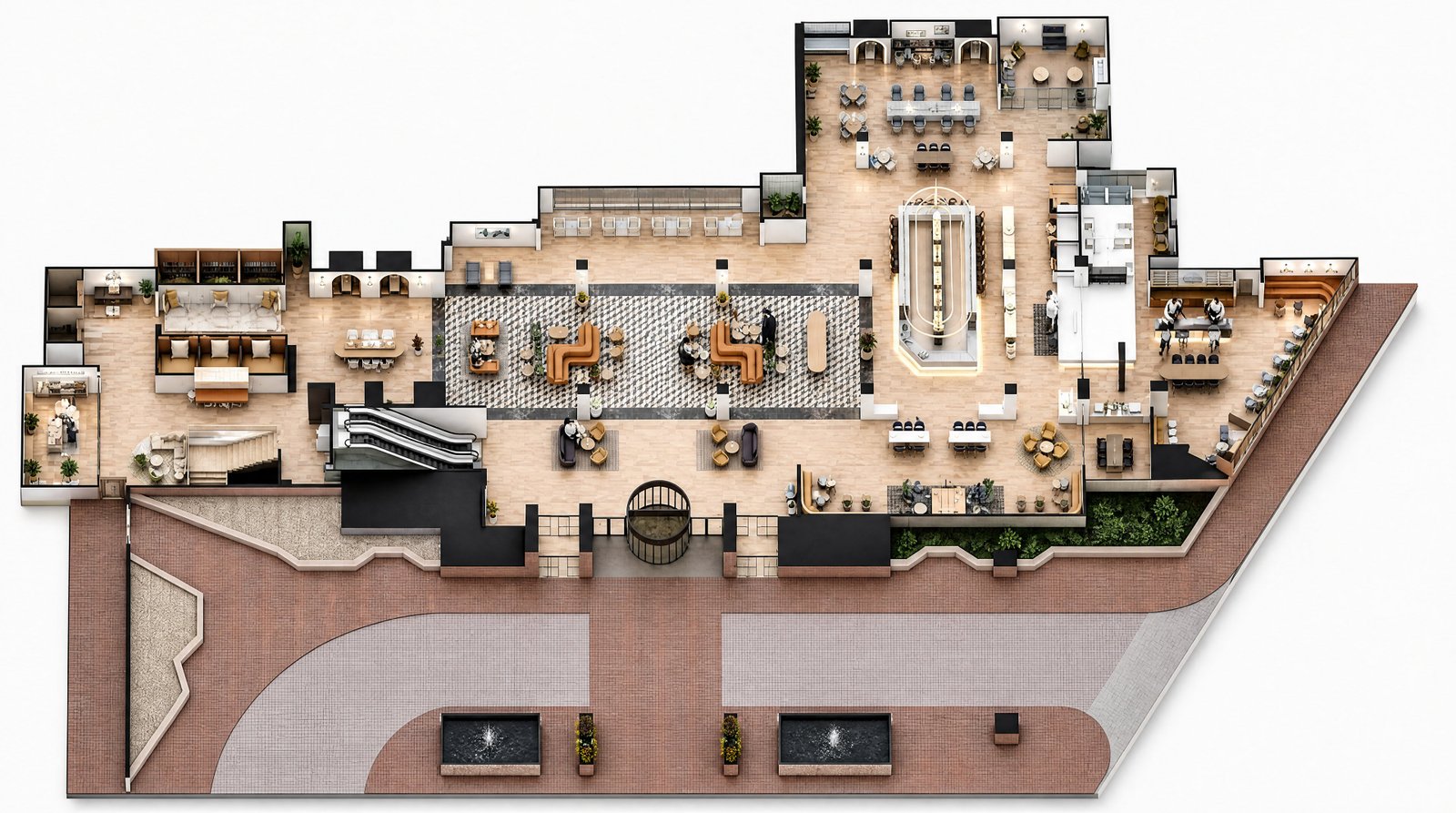 Ground floor 3D plan of a hotel