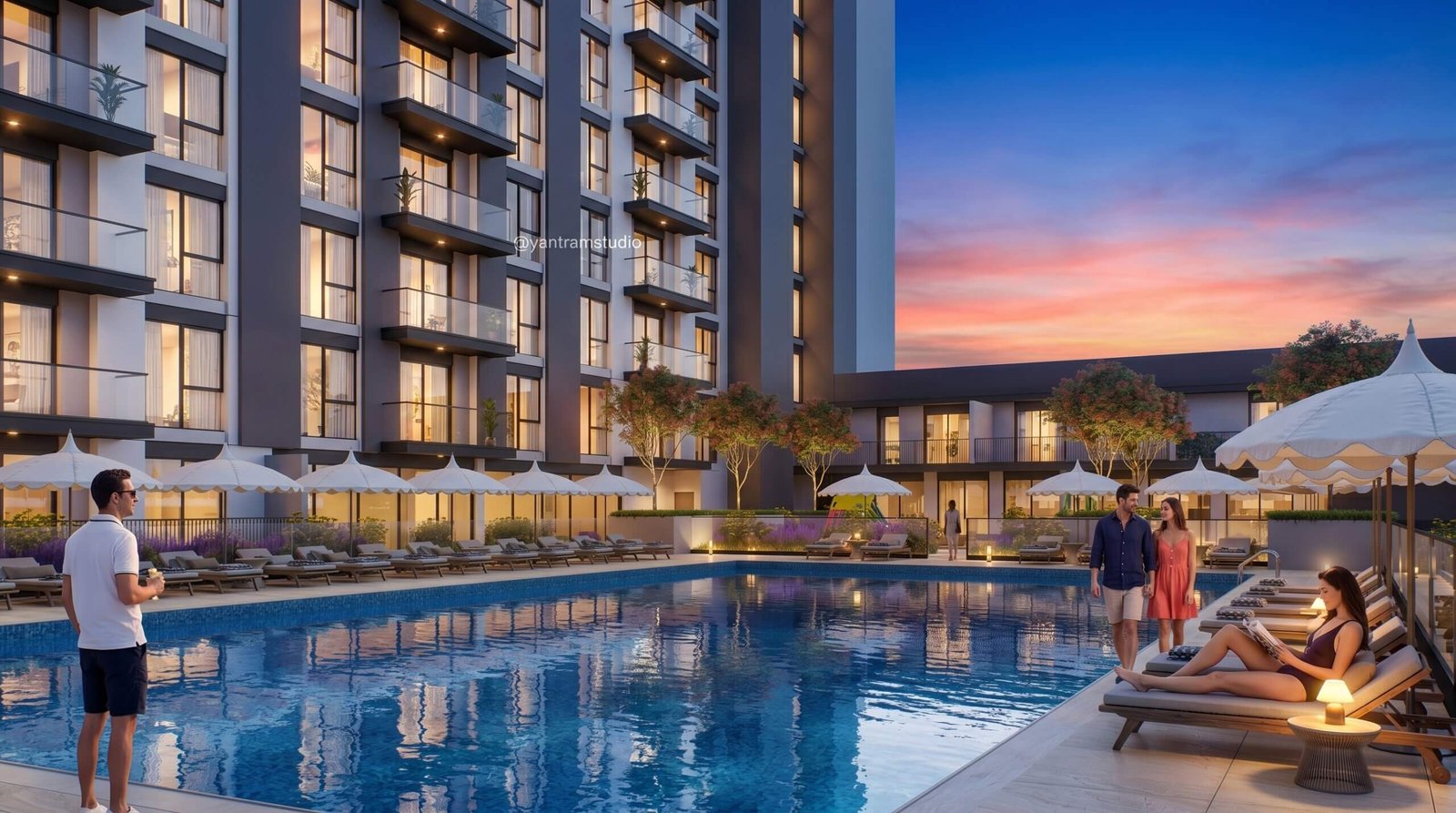 Luxury residential swimming pool with resort-style deck, loungers, landscaped surroundings, and sunset ambiance created through 3D rendering.