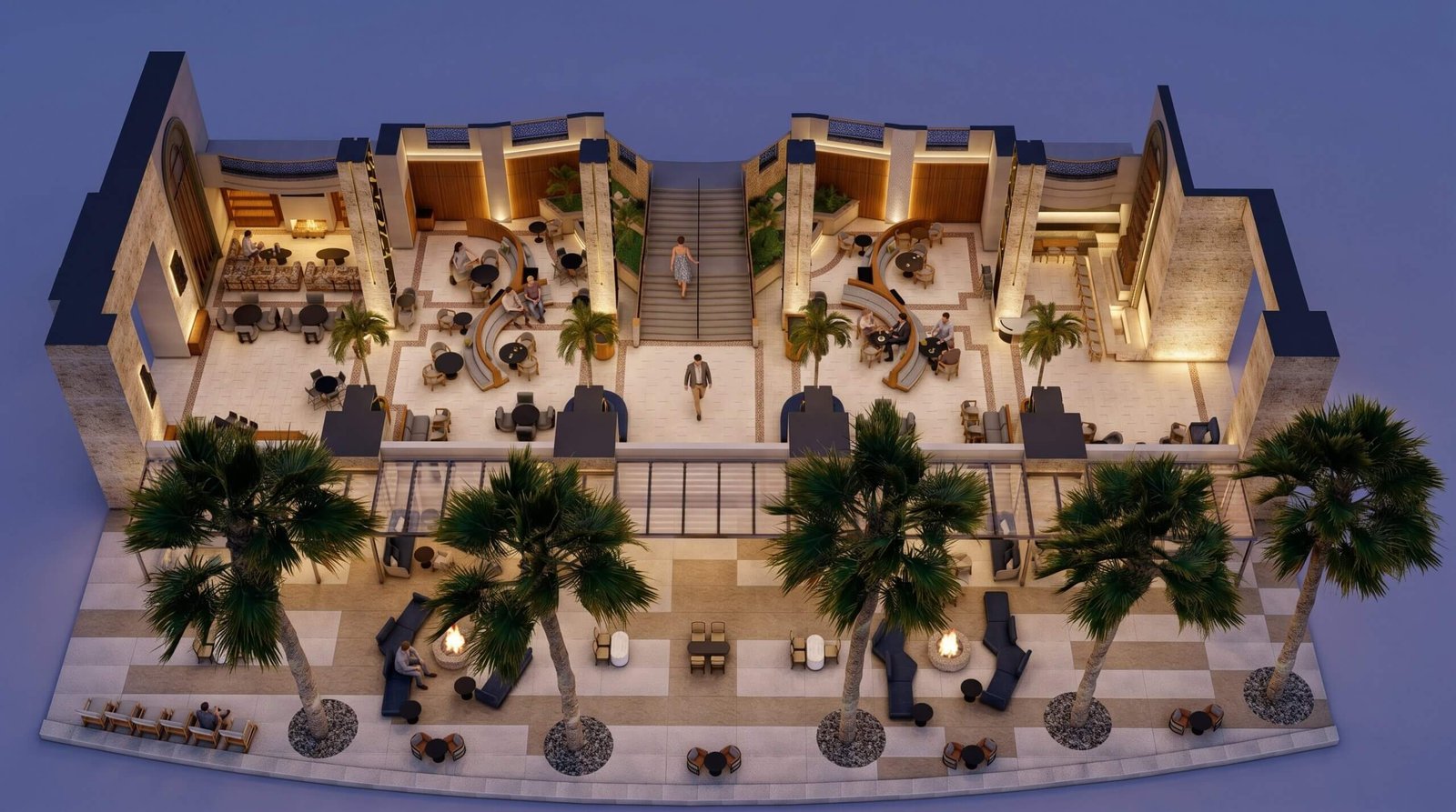 3D floor plan of a luxury resort lobby with outdoor lounge seating, palm-lined terrace, fire pits, hospitality spaces, and elegant interior design.