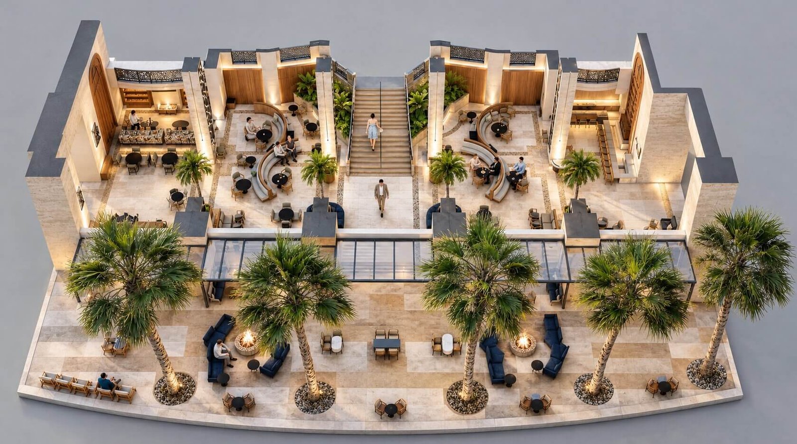 3D floor plan of a luxury hotel lobby with outdoor lounge in Canada.