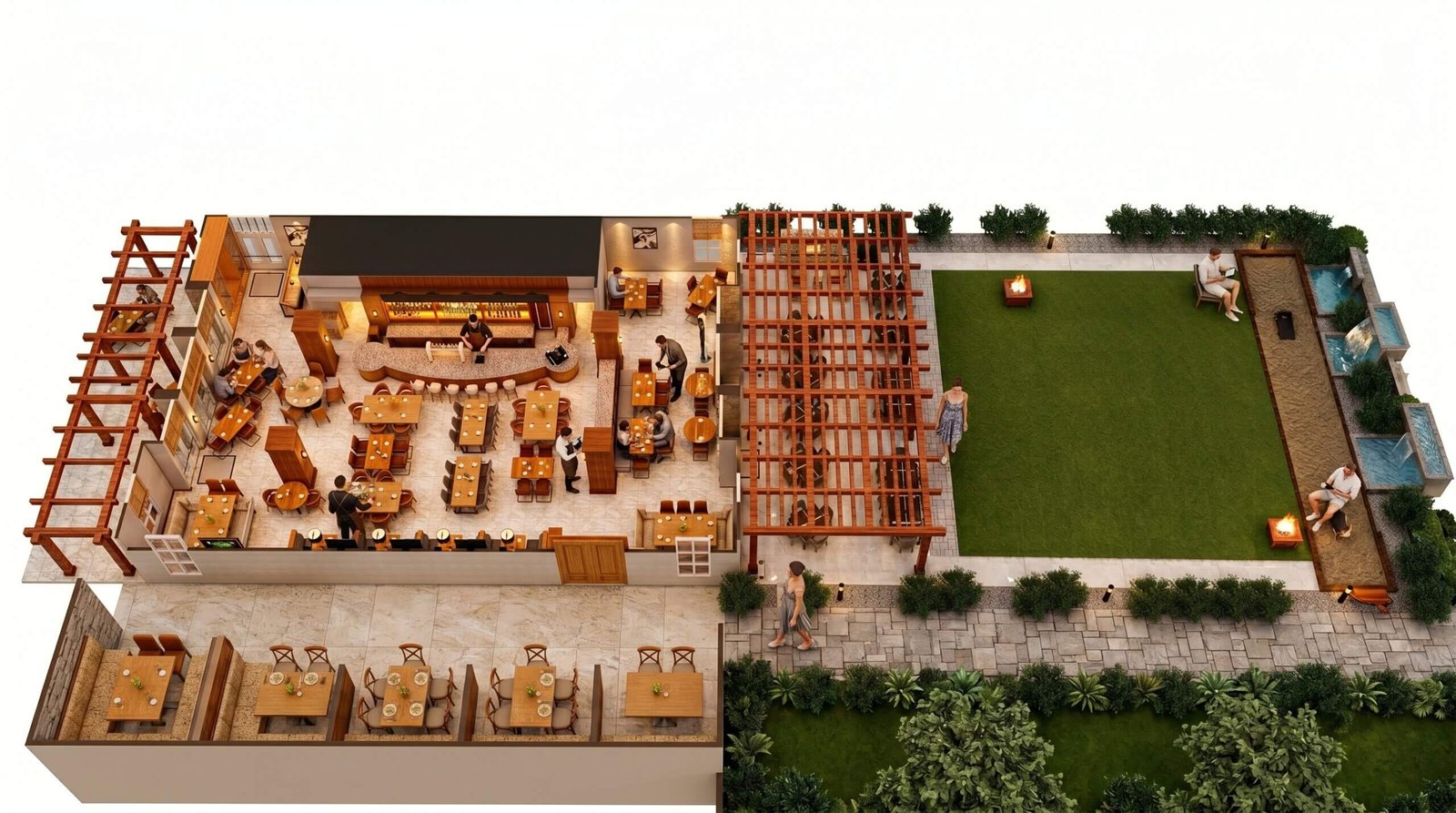 3D restaurant floor plan with indoor dining area, bar counter, outdoor seating, pergola lounge, landscaped garden, and premium hospitality design.