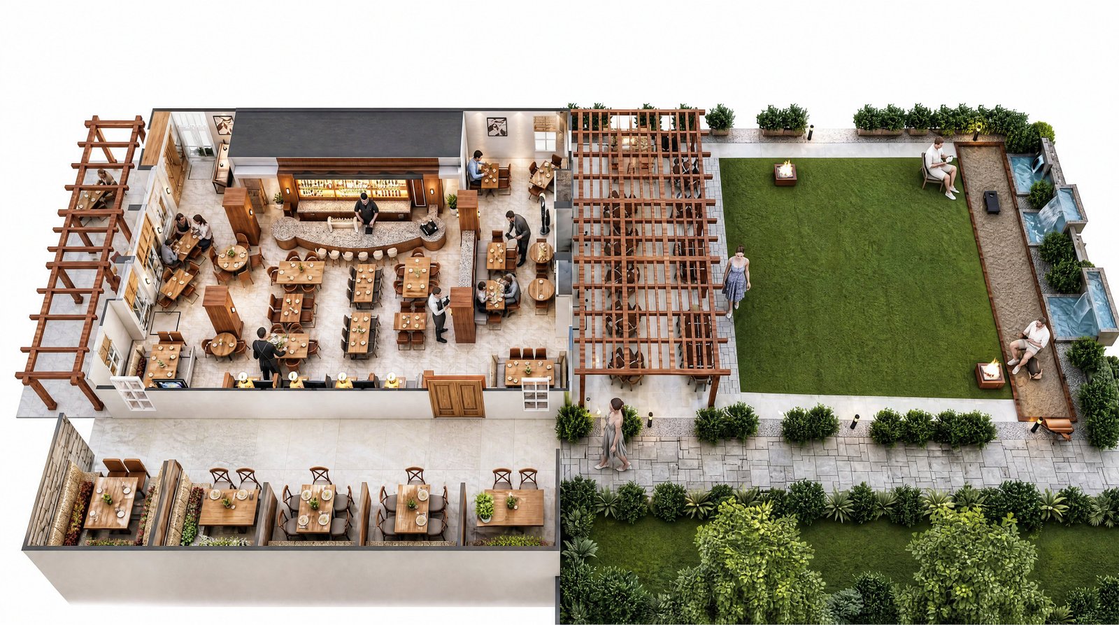 Restaurant and outdoor dining 3D floor plan