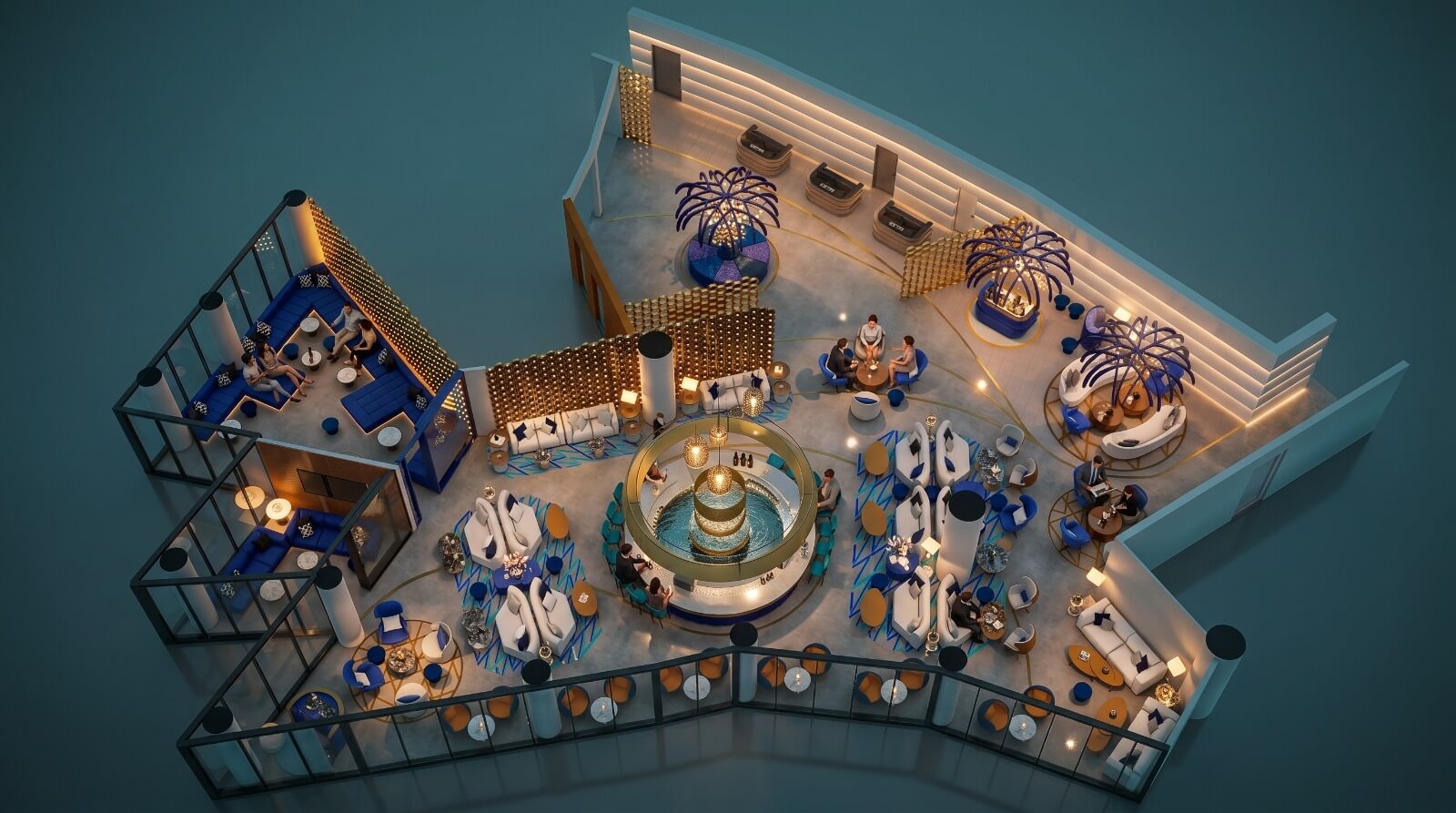 Luxury rooftop lounge 3D floor plan featuring premium seating, illuminated fountain centerpiece, VIP lounges, and modern entertainment spaces.