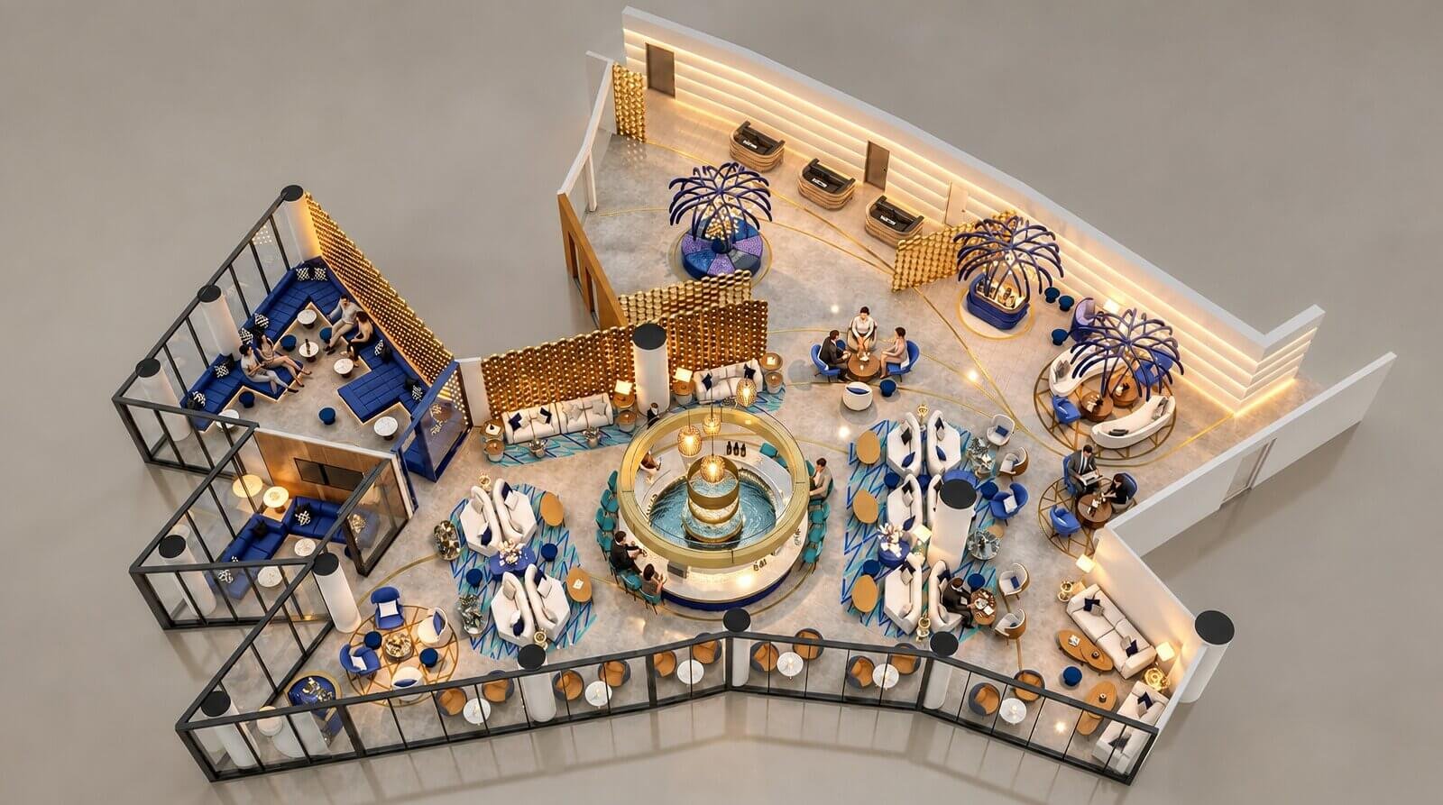 3D floor plan rendering of a rooftop lounge — Floor Plan Company Califonia