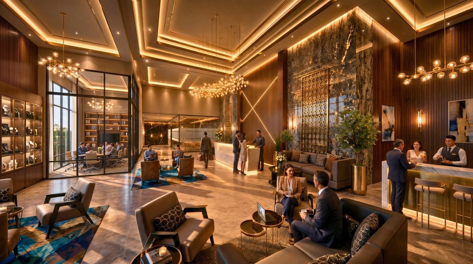 Grand luxury hotel lobby featuring marble walls, designer lighting, premium reception area, elegant seating, and upscale hospitality interiors.
