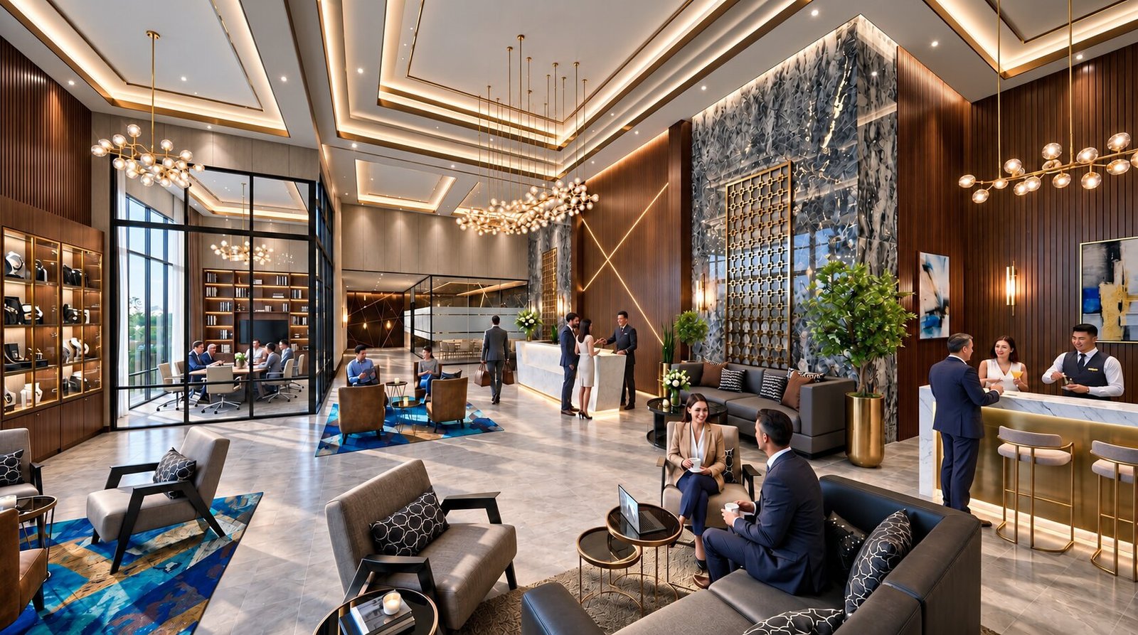 Stylish hotel lobby showcasing contemporary design elements. — 3D Interior Rendering Usa