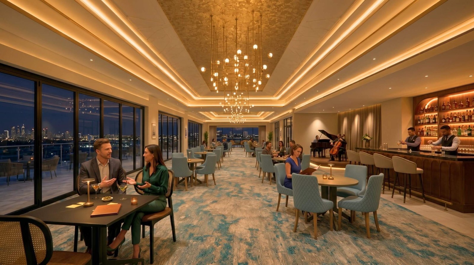 Luxury hotel lounge and sky bar interior featuring elegant chandeliers, warm ambient lighting, floor-to-ceiling windows, premium seating, live music area, and sophisticated hospitality design.