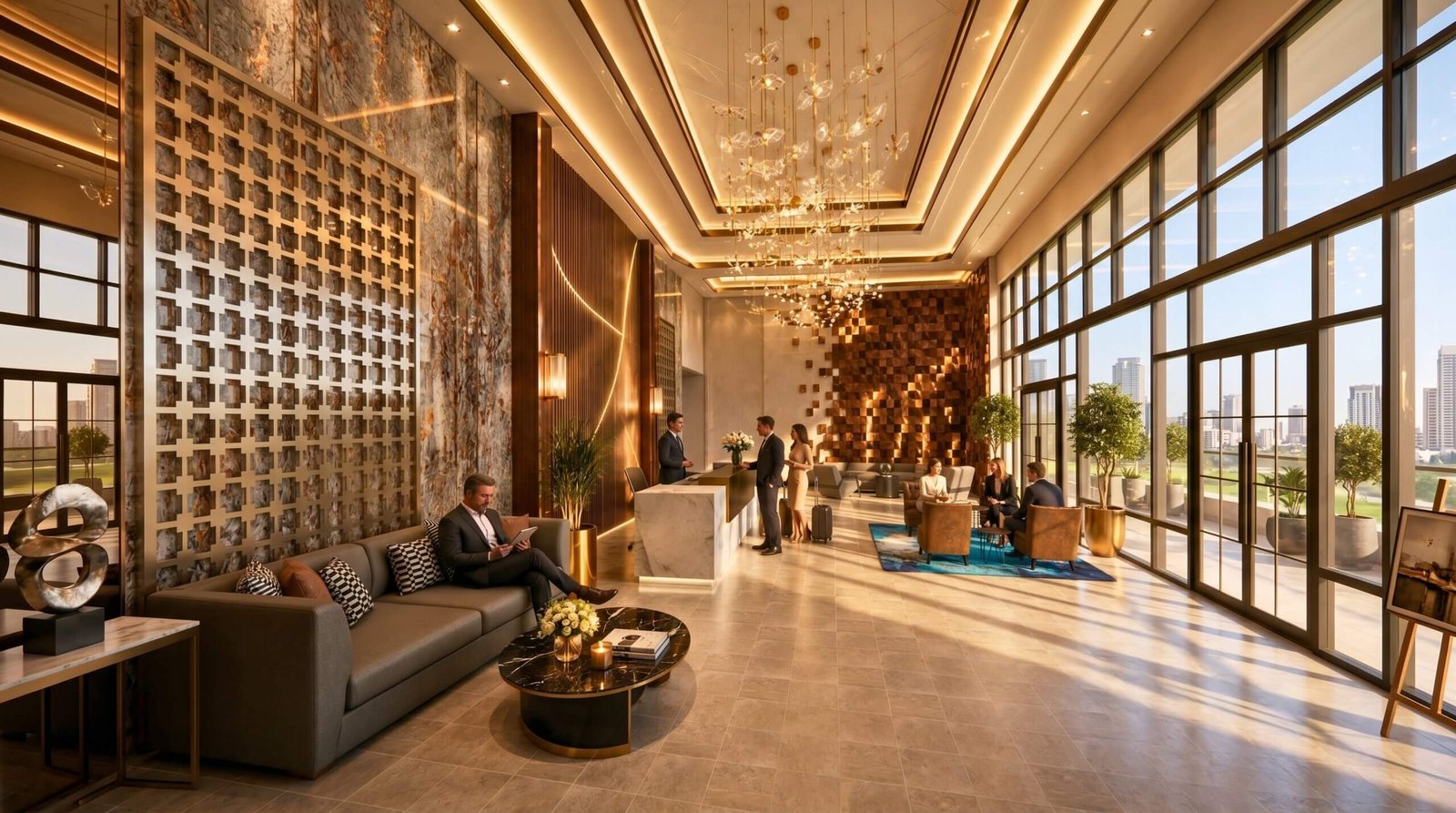 Modern hospitality reception lobby with luxury seating, decorative wall panels, high ceilings, elegant chandeliers, and floor-to-ceiling windows.